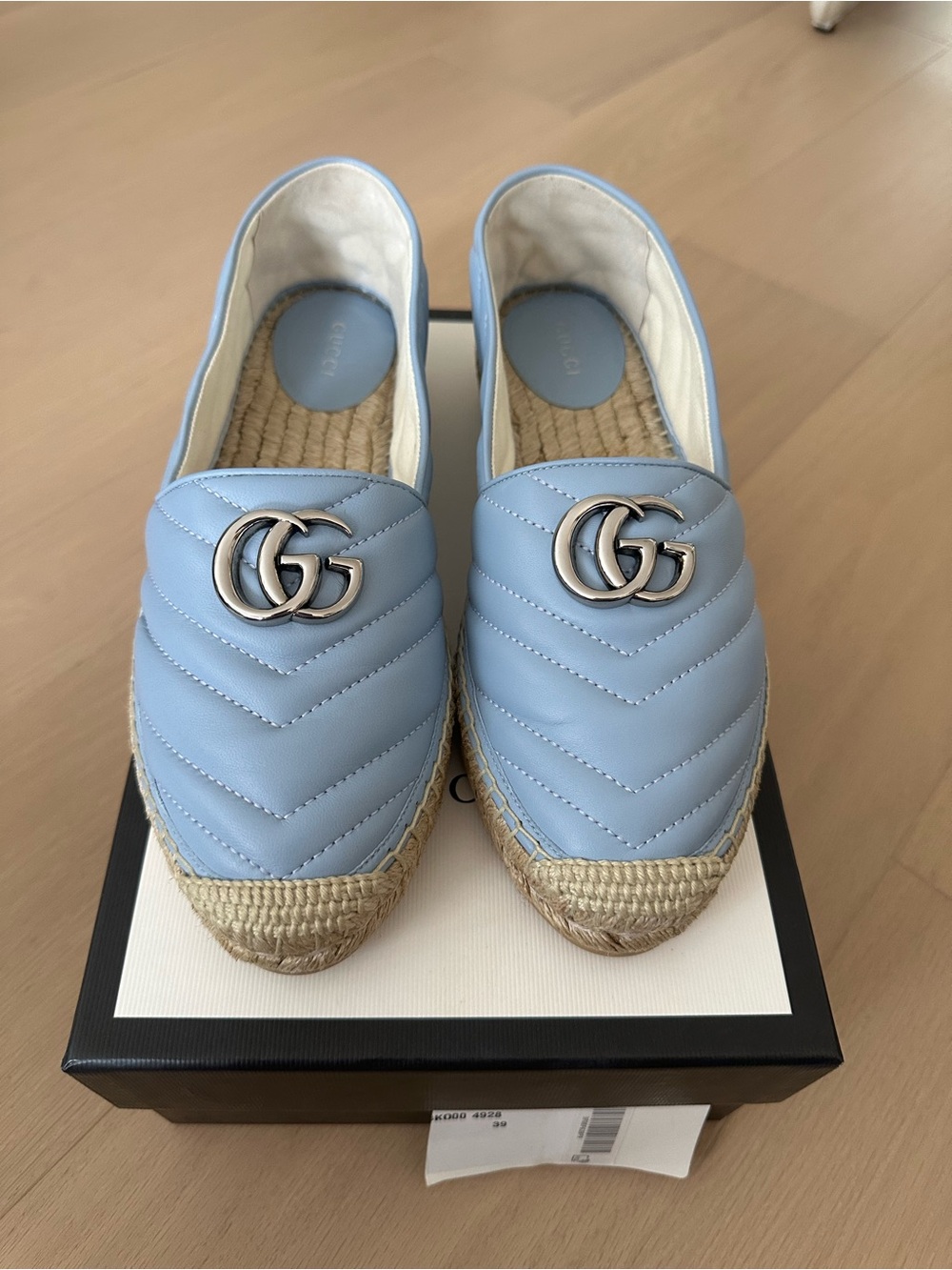 Gucci Baby Blue Quilted Espadrille Loafers with Double G